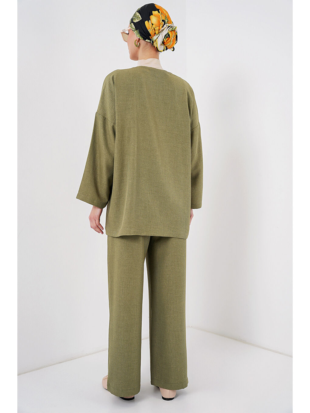 Yeşil Kadın Keten Kimono İkili Takım 6727 - Çağla-5