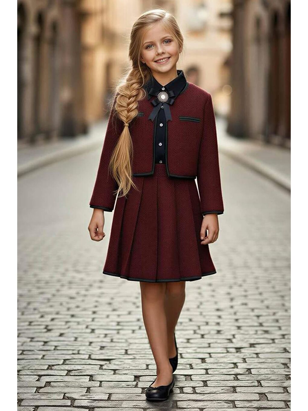 Kız Çocuk Yaka ve Ceket Kenarları Şerit Detaylı Ceket Klasik Gömlek Pileli Bordo Şanel Etekli Takım-1