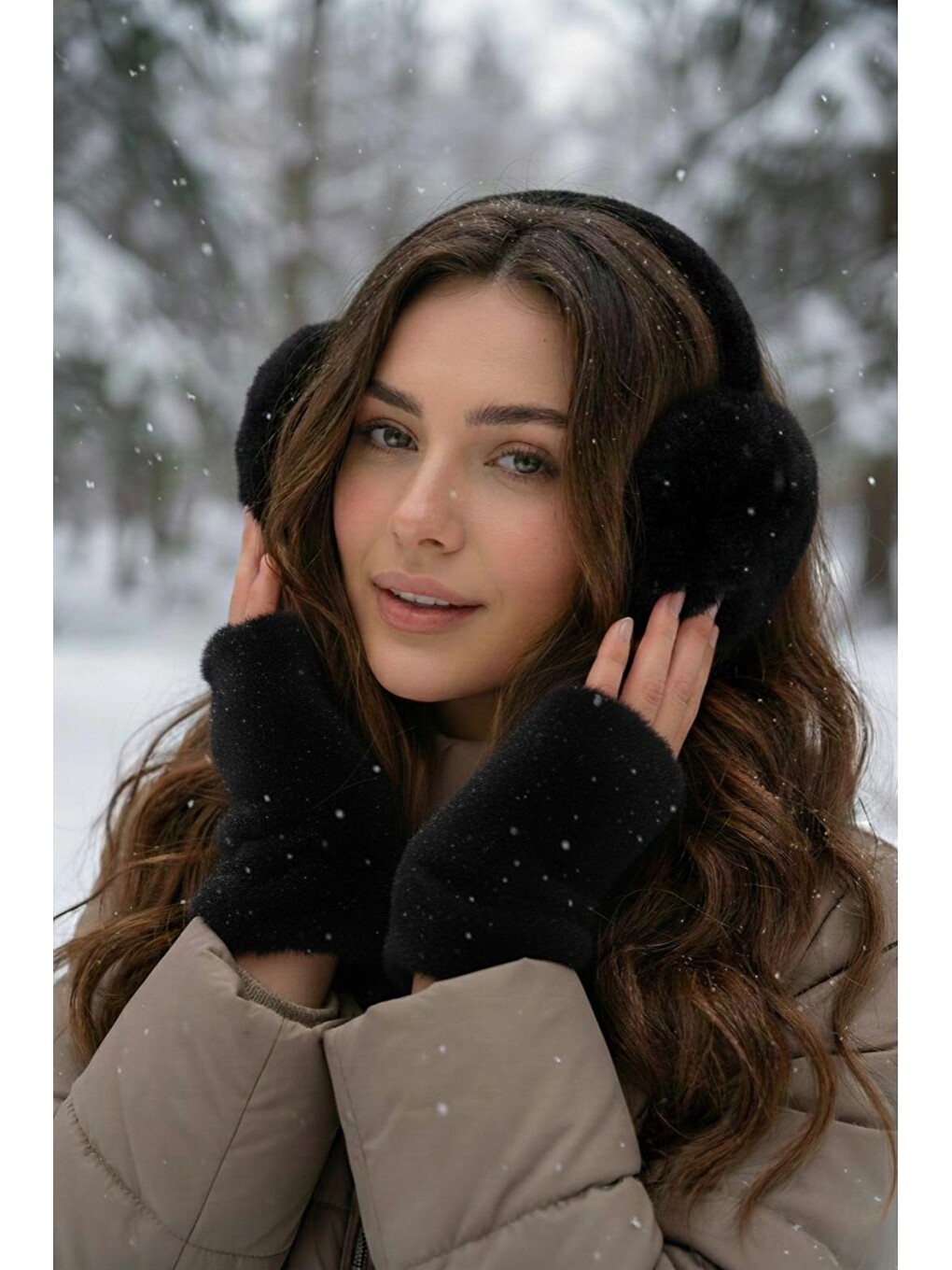 Ithal Siyah Pelüş Eldiven Kulaklık Set-5