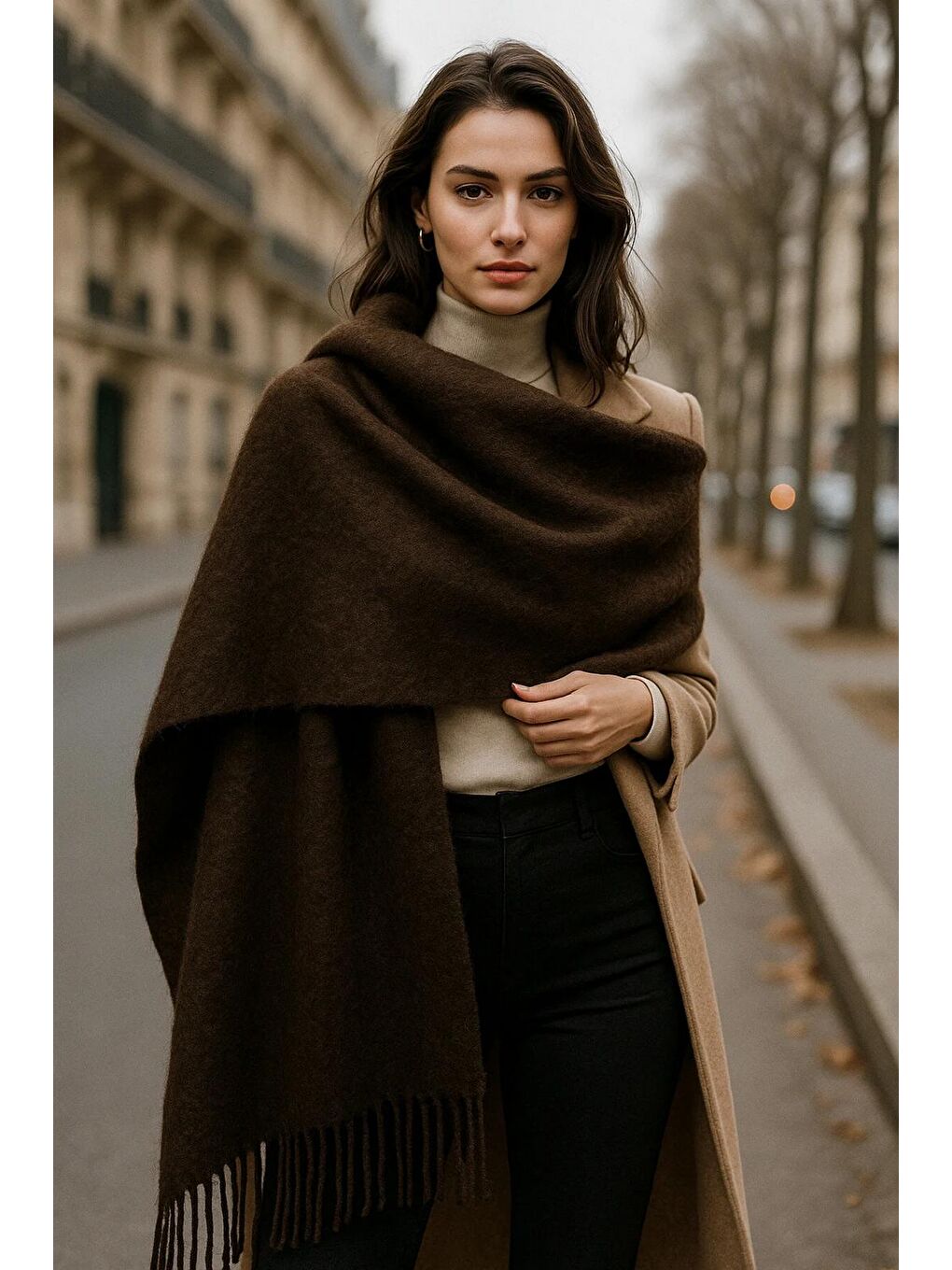 Kahverengi Kadın Basic Kahve Püsküllü Buklet Atkı - Şal 45x200 Cm Sal1285-1