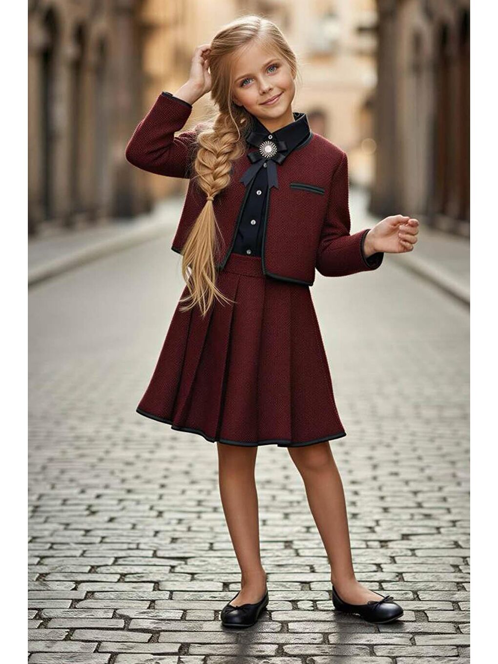 Kız Çocuk Yaka ve Ceket Kenarları Şerit Detaylı Ceket Klasik Gömlek Pileli Bordo Şanel Etekli Takım-2