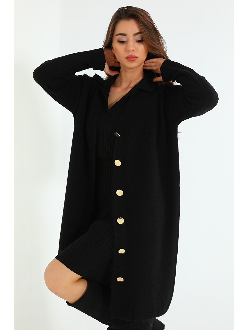 Siyah Kadın Ön Düğmeli Salaş Triko Hırka-2