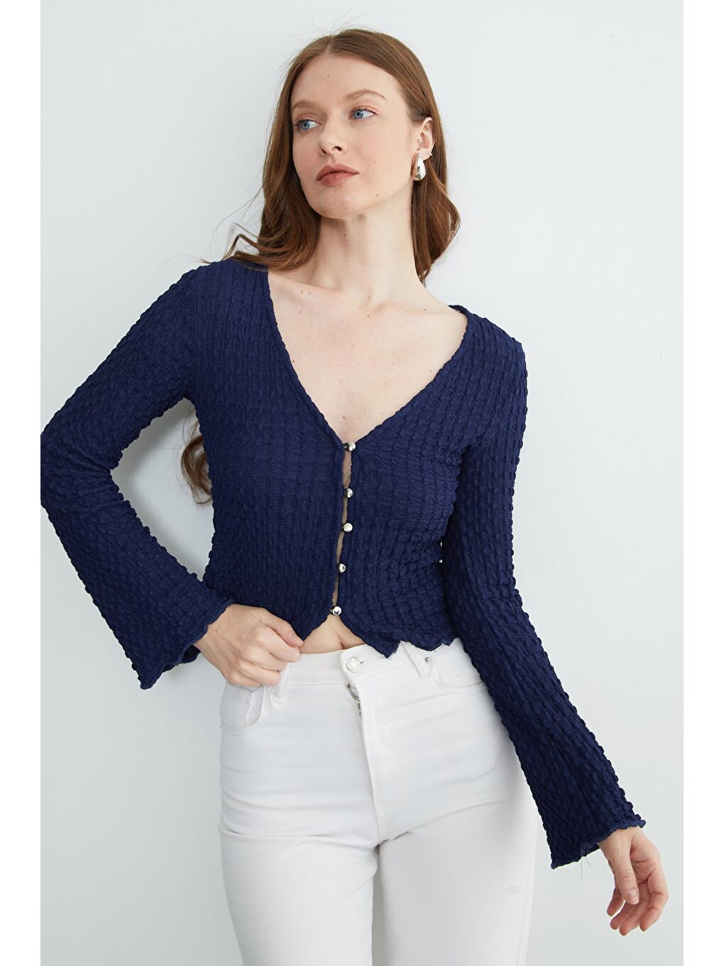 Lacivert İspanyol Kol Bürümcük Kumaş Hırka