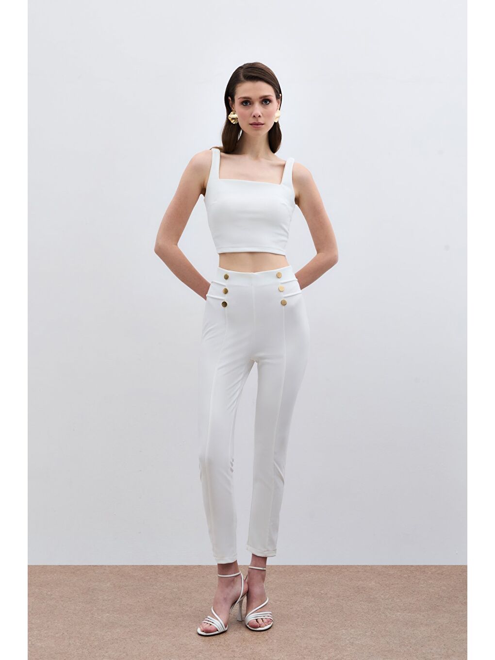 Düğme Detaylı Pantolon - Ekru-1