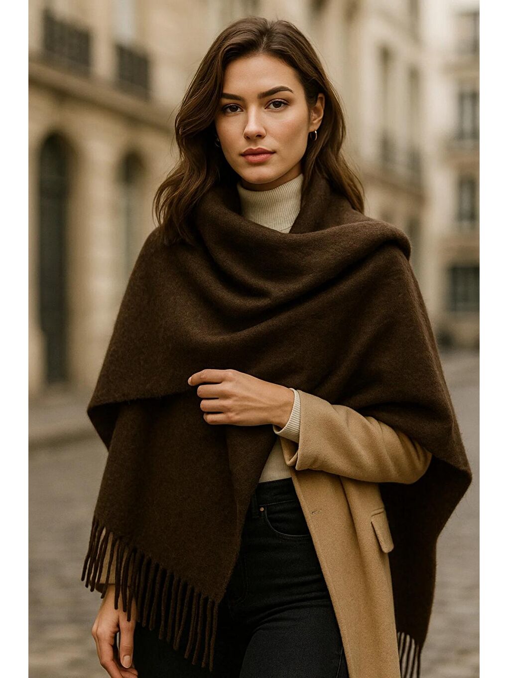 Kahverengi Kadın Basic Kahve Püsküllü Buklet Atkı - Şal 45x200 Cm Sal1285-2