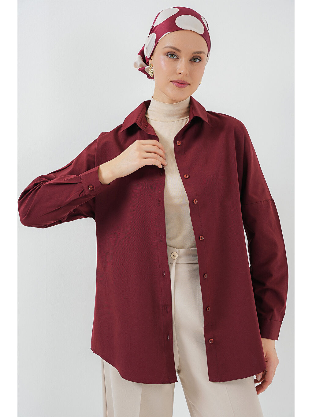 103901 Oversize Basic Tesettür Gömlek - Mürdüm