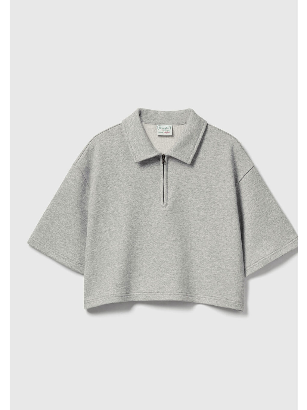 Kadın Gri Melanj  %100 Pamuk Yarım Fermuarlı Crop Stranger Things Polo T-shirt-1