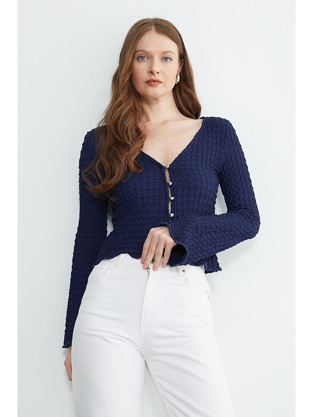 Lacivert İspanyol Kol Bürümcük Kumaş Hırka-2