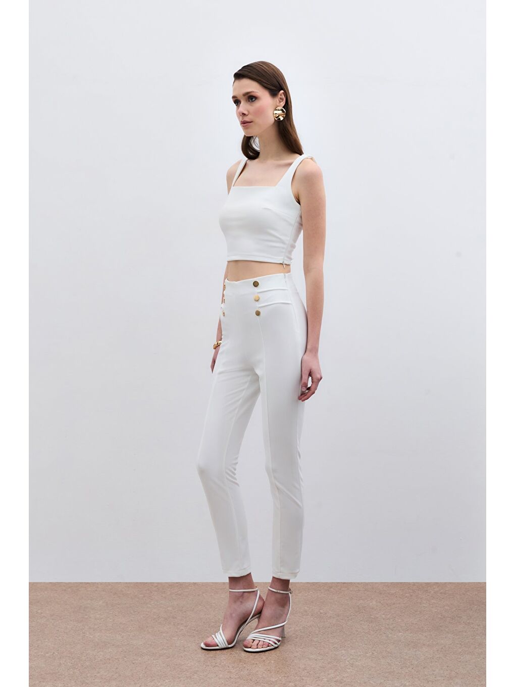 Düğme Detaylı Pantolon - Ekru-2