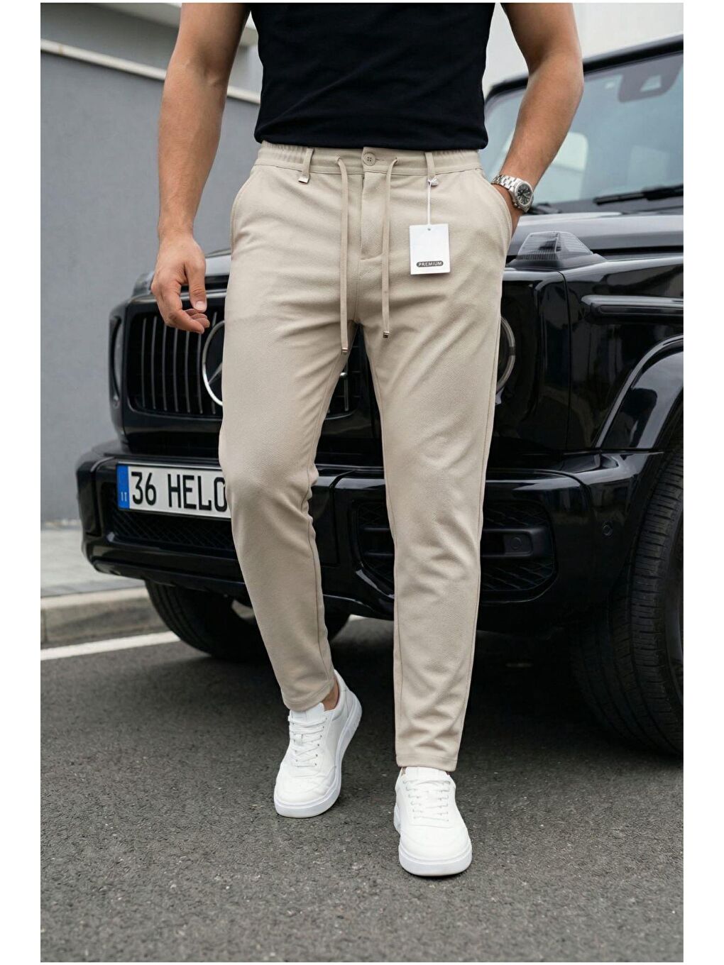 Ekru Holl Beli Lastikli ve Bağcıklı Elastanlı Esnek Örme Jogger Pantolon-1