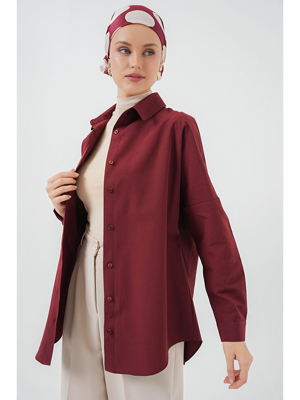 103901 Oversize Basic Tesettür Gömlek - Mürdüm-1