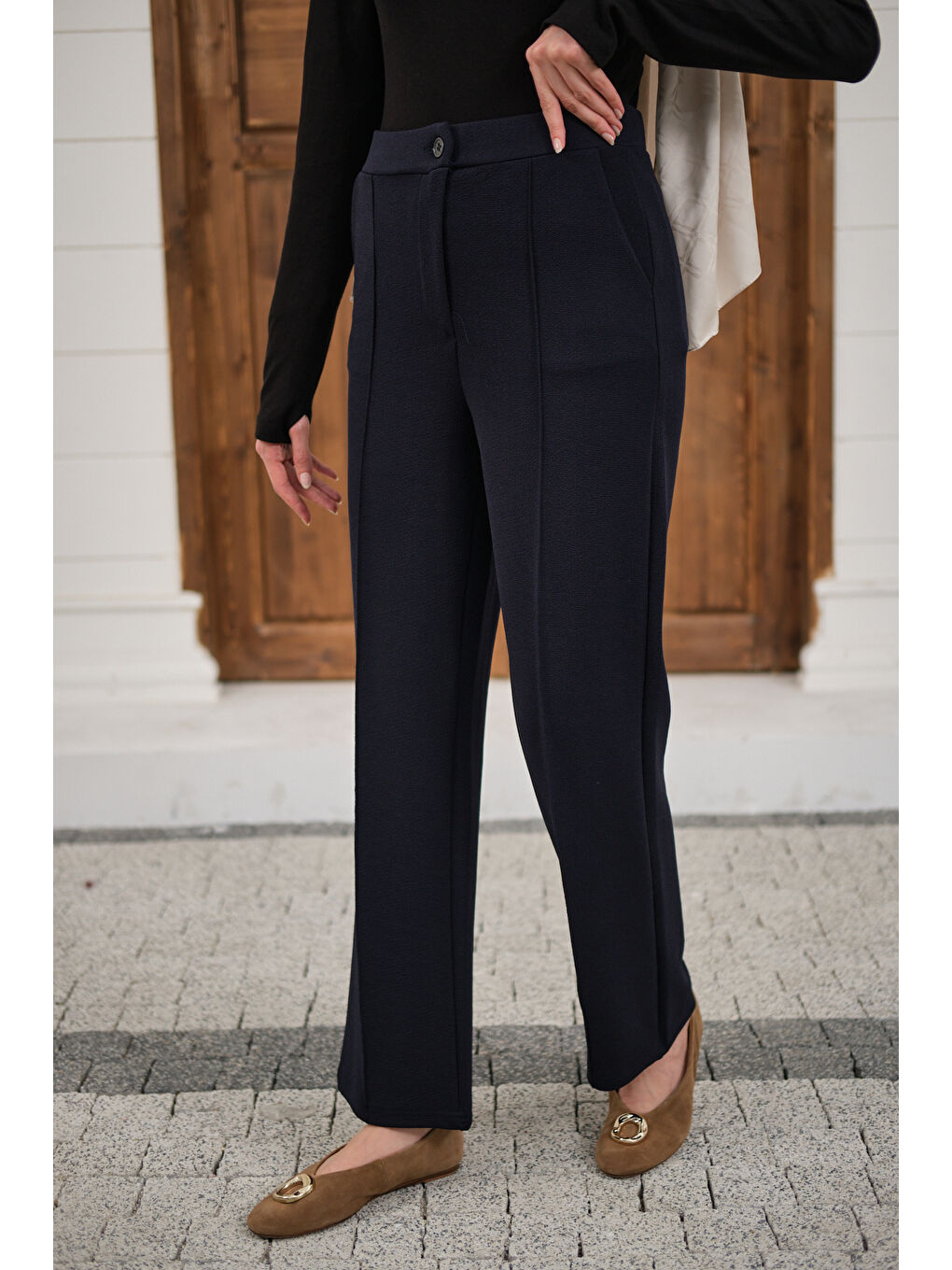 Kadın Çima Detay Düğmeli Kumaş Pantolon Lacivert-1