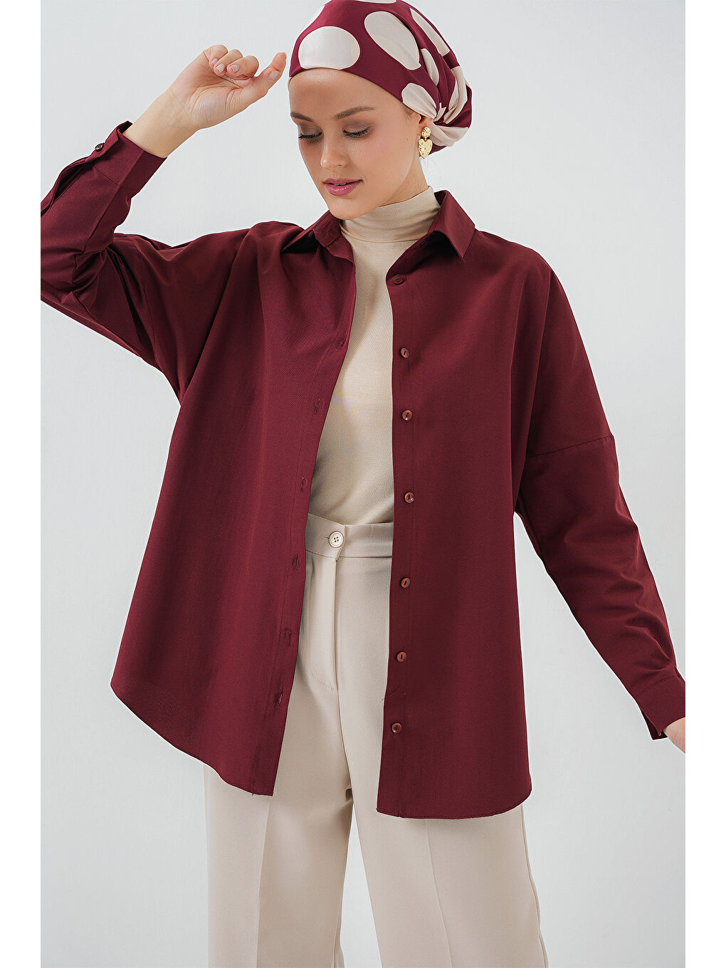 103901 Oversize Basic Tesettür Gömlek - Mürdüm-2
