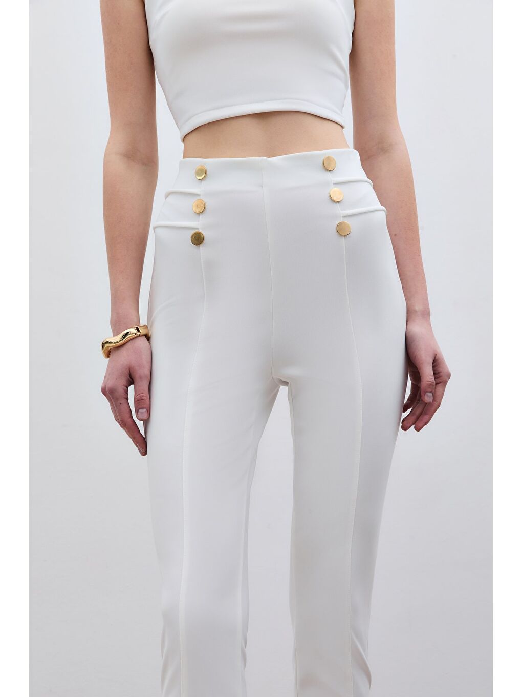 Düğme Detaylı Pantolon - Ekru-3