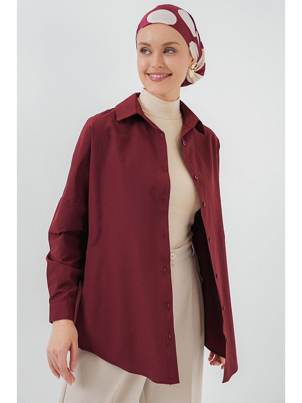 103901 Oversize Basic Tesettür Gömlek - Mürdüm-3