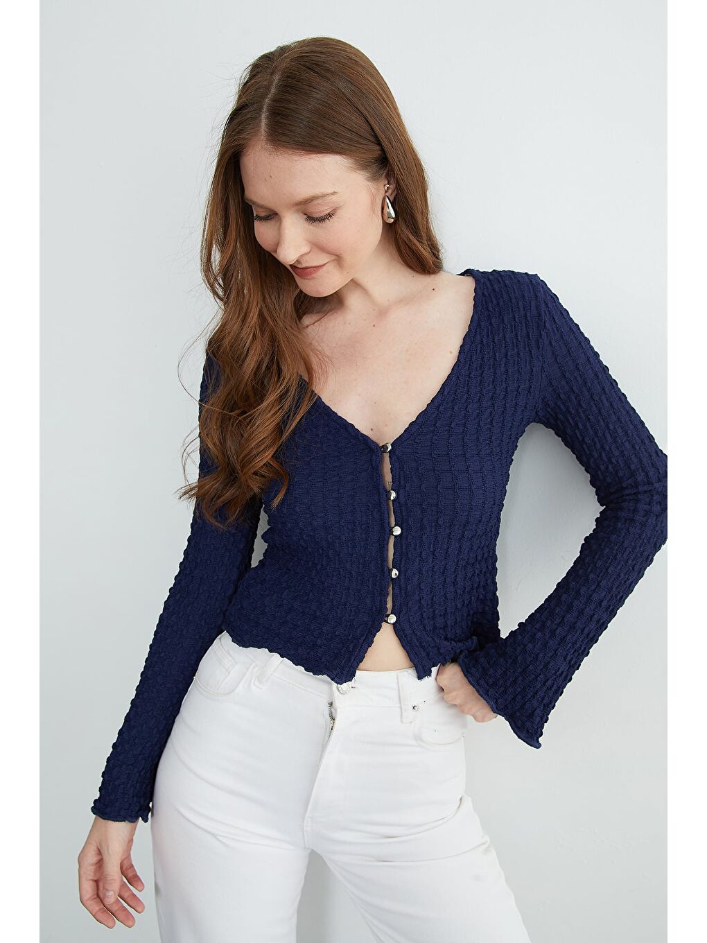 Lacivert İspanyol Kol Bürümcük Kumaş Hırka-4