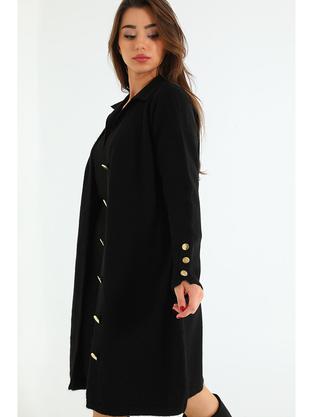 Siyah Kadın Ön Düğmeli Salaş Triko Hırka-4