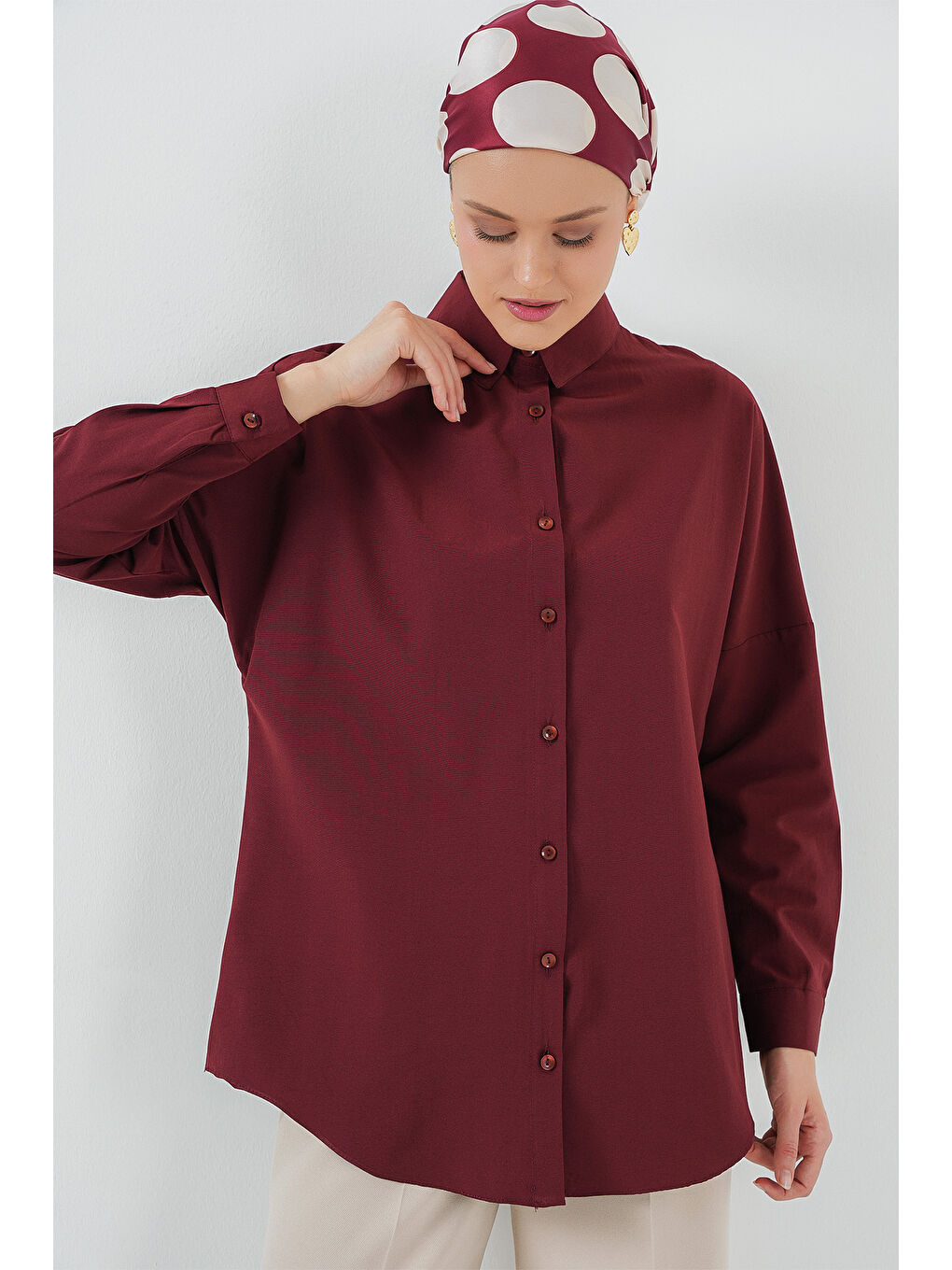 103901 Oversize Basic Tesettür Gömlek - Mürdüm-4
