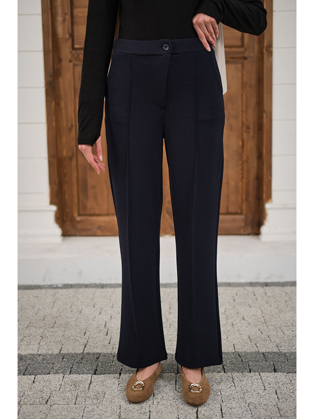 Kadın Çima Detay Düğmeli Kumaş Pantolon Lacivert-2