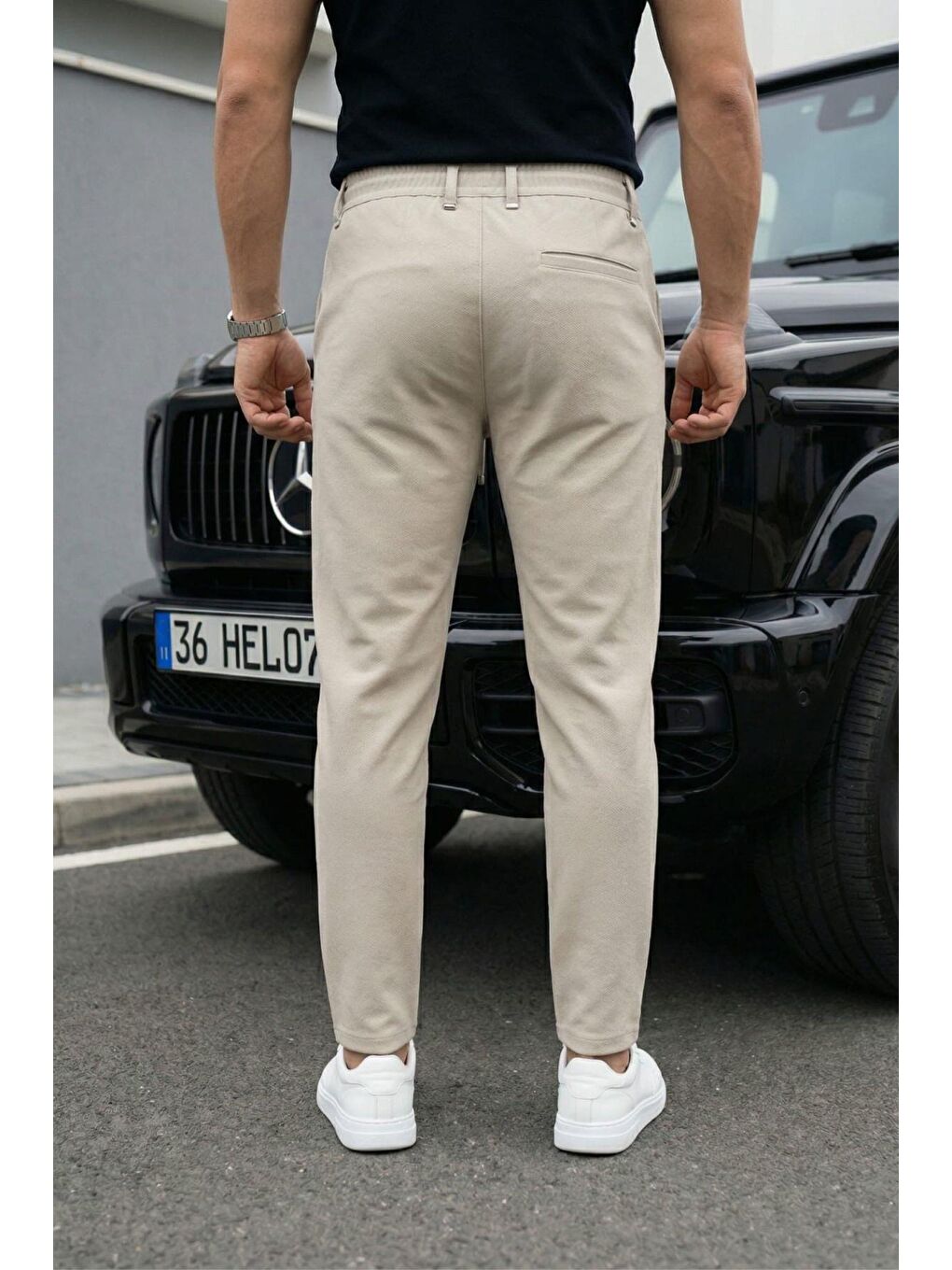 Ekru Holl Beli Lastikli ve Bağcıklı Elastanlı Esnek Örme Jogger Pantolon-2