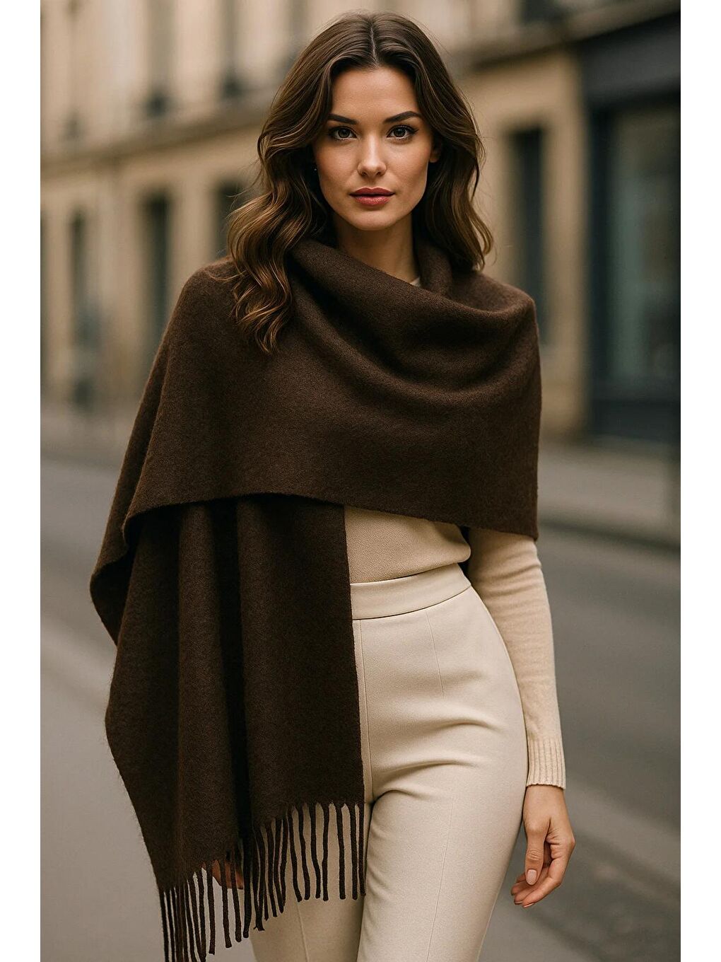 Kahverengi Kadın Basic Kahve Püsküllü Buklet Atkı - Şal 45x200 Cm Sal1285-4
