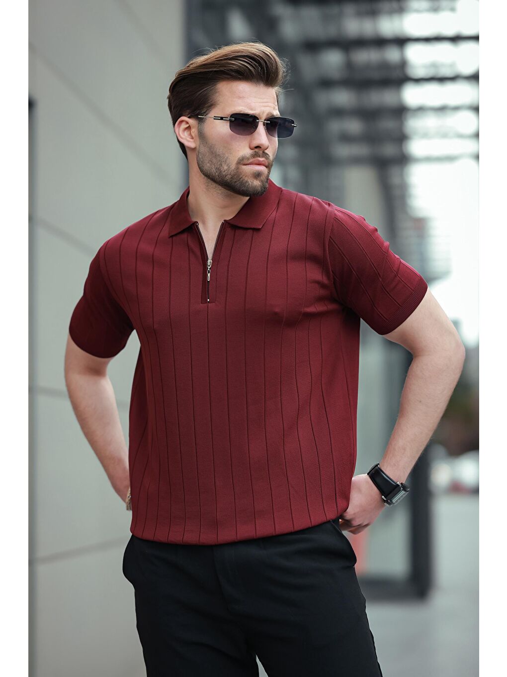 Bordo Polo Yaka Fermuarlı Erkek T-Shirt E7298