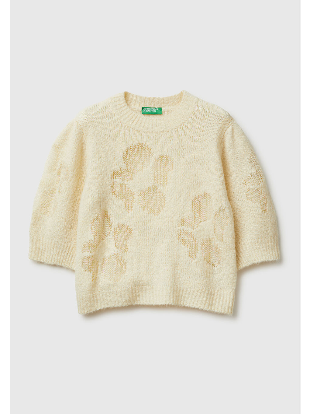 Ekru Kadın Krem Akrilik ve Yün Karışımlı Desenli Yarım Kol Kazak-1