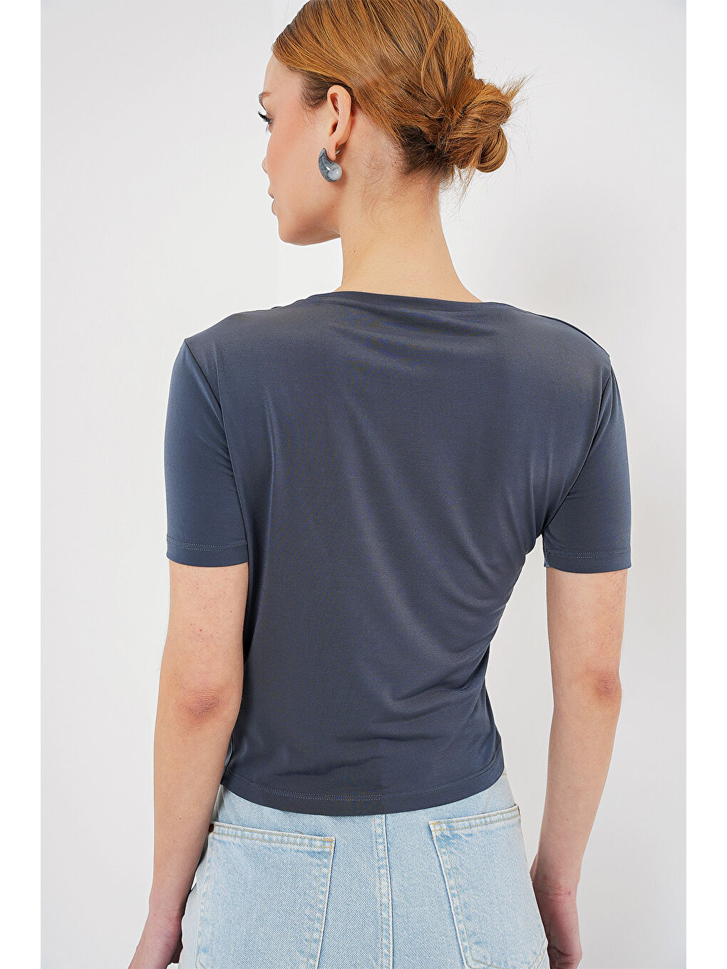 Büzgü Detaylı Kısa Kol Sandy Bluz 945 - Antrasit-4