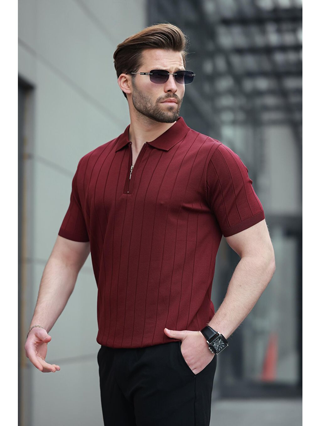 Bordo Polo Yaka Fermuarlı Erkek T-Shirt E7298-1