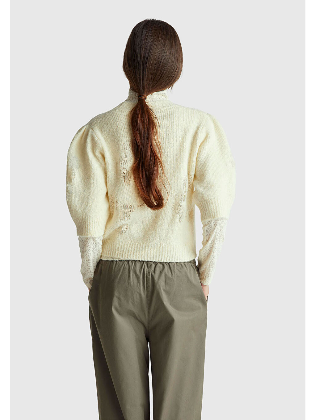 Ekru Kadın Krem Akrilik ve Yün Karışımlı Desenli Yarım Kol Kazak-2