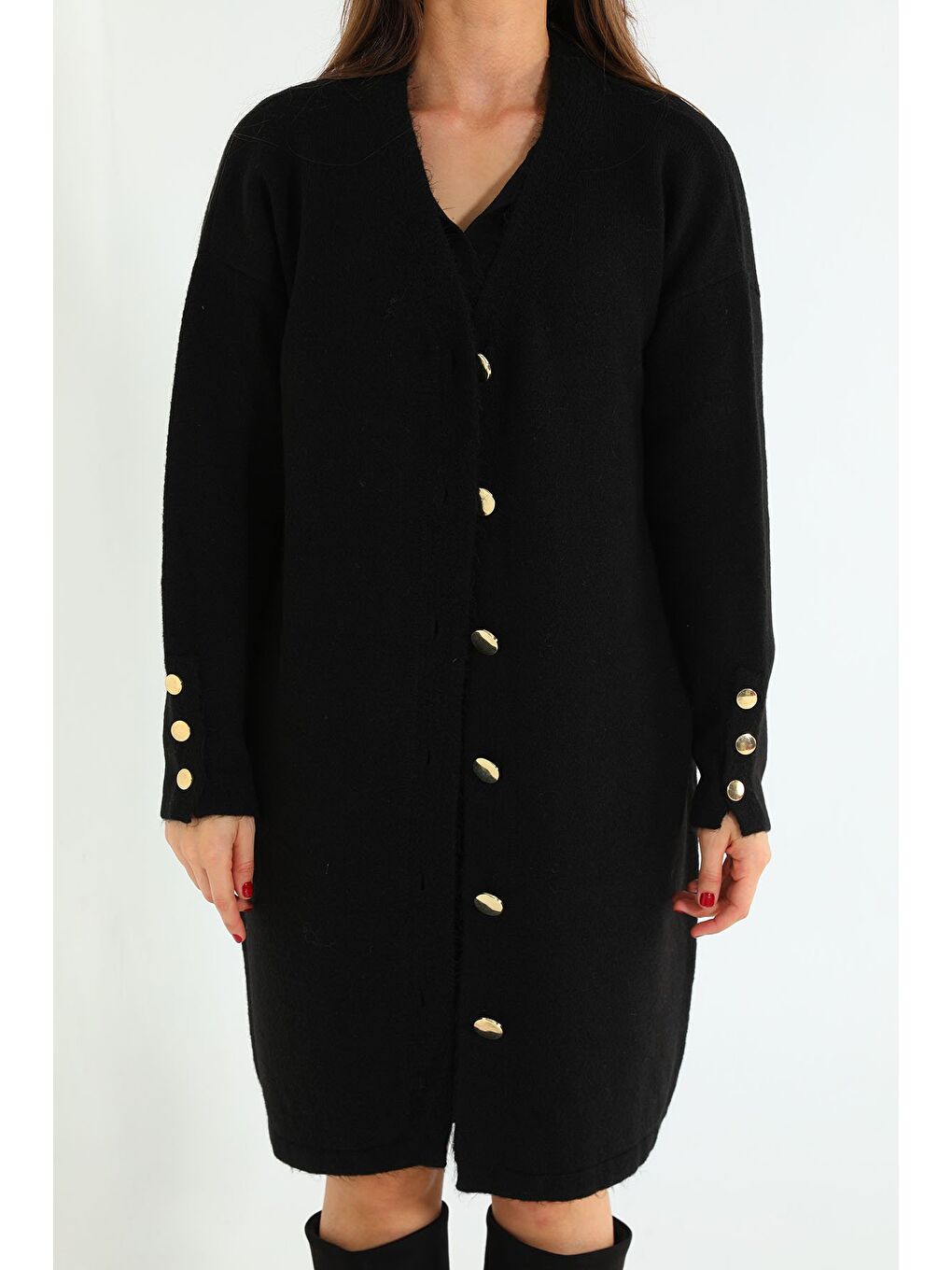 Siyah Kadın Ön Düğmeli Salaş Triko Hırka-5