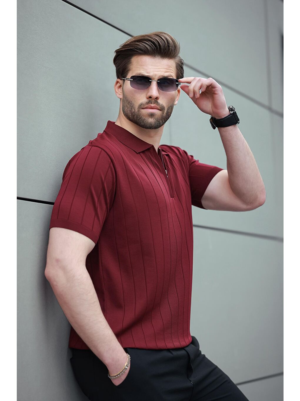 Bordo Polo Yaka Fermuarlı Erkek T-Shirt E7298-2