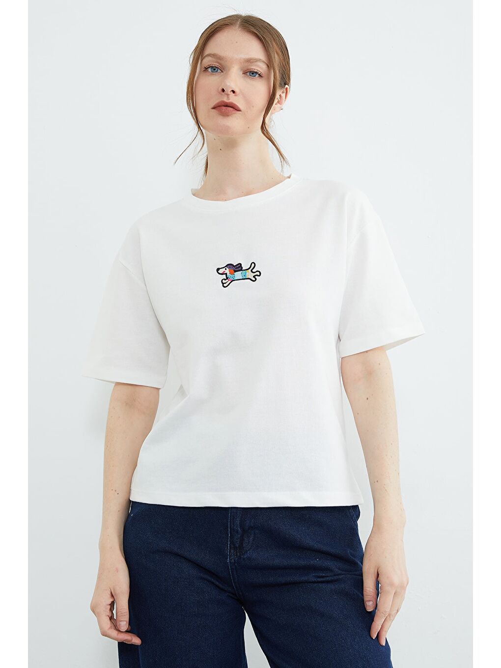 Ekru Köpek Nakışlı Bisiklet Yaka Salaş Tişört-2