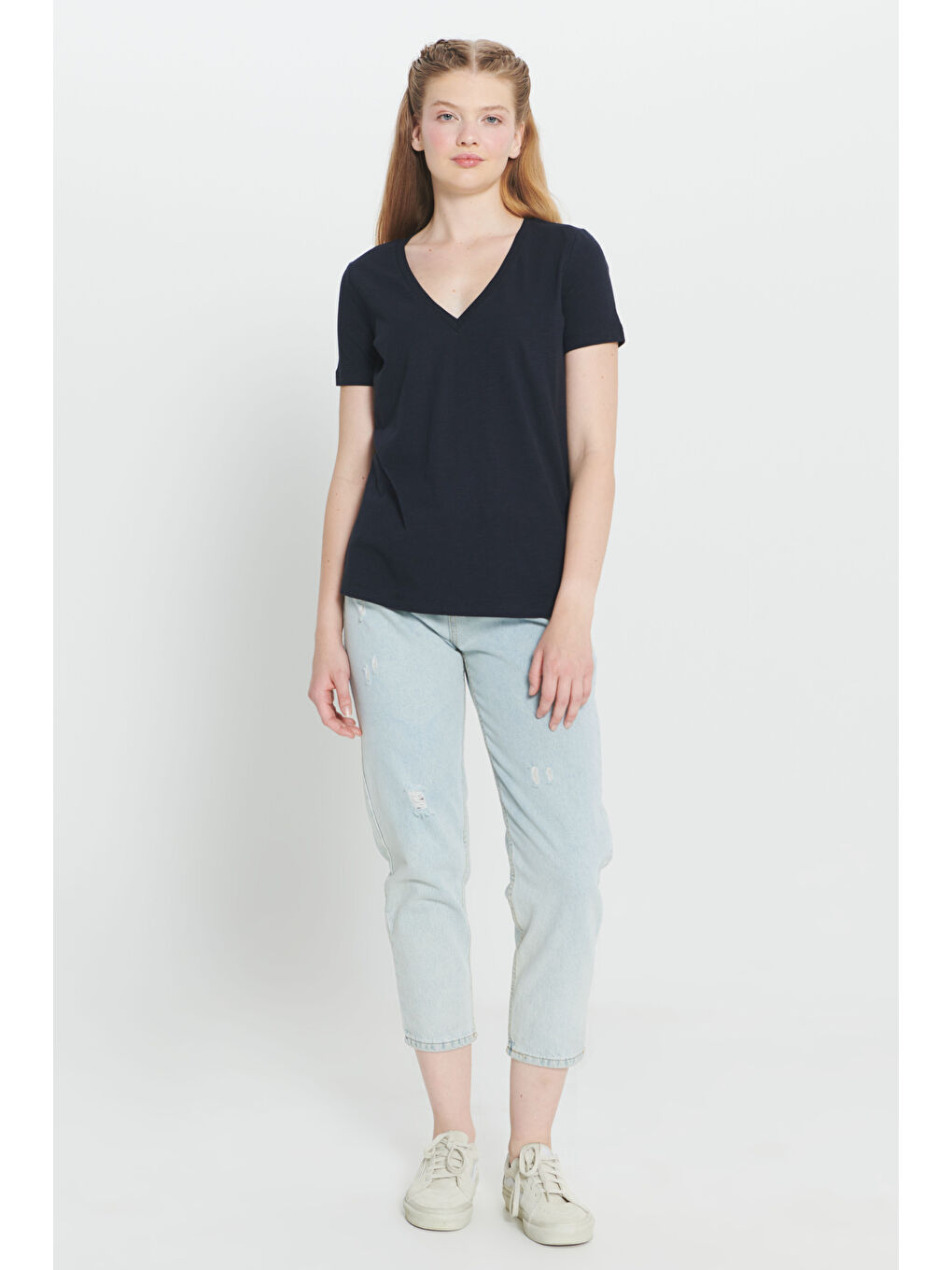 Lacivert %100 Pamuk Standart Fit Normal Kesim V Yaka Basic Tişört-1