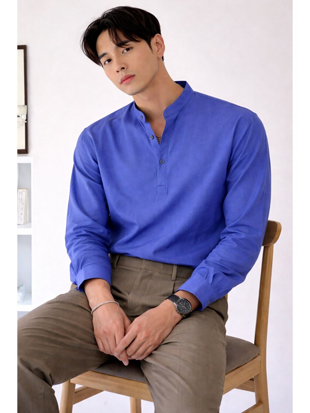 Mavi Keten Karışımlı 3 Düğmeli Hakim Yaka Erkek Gömlek Slim Kesim Yazlık