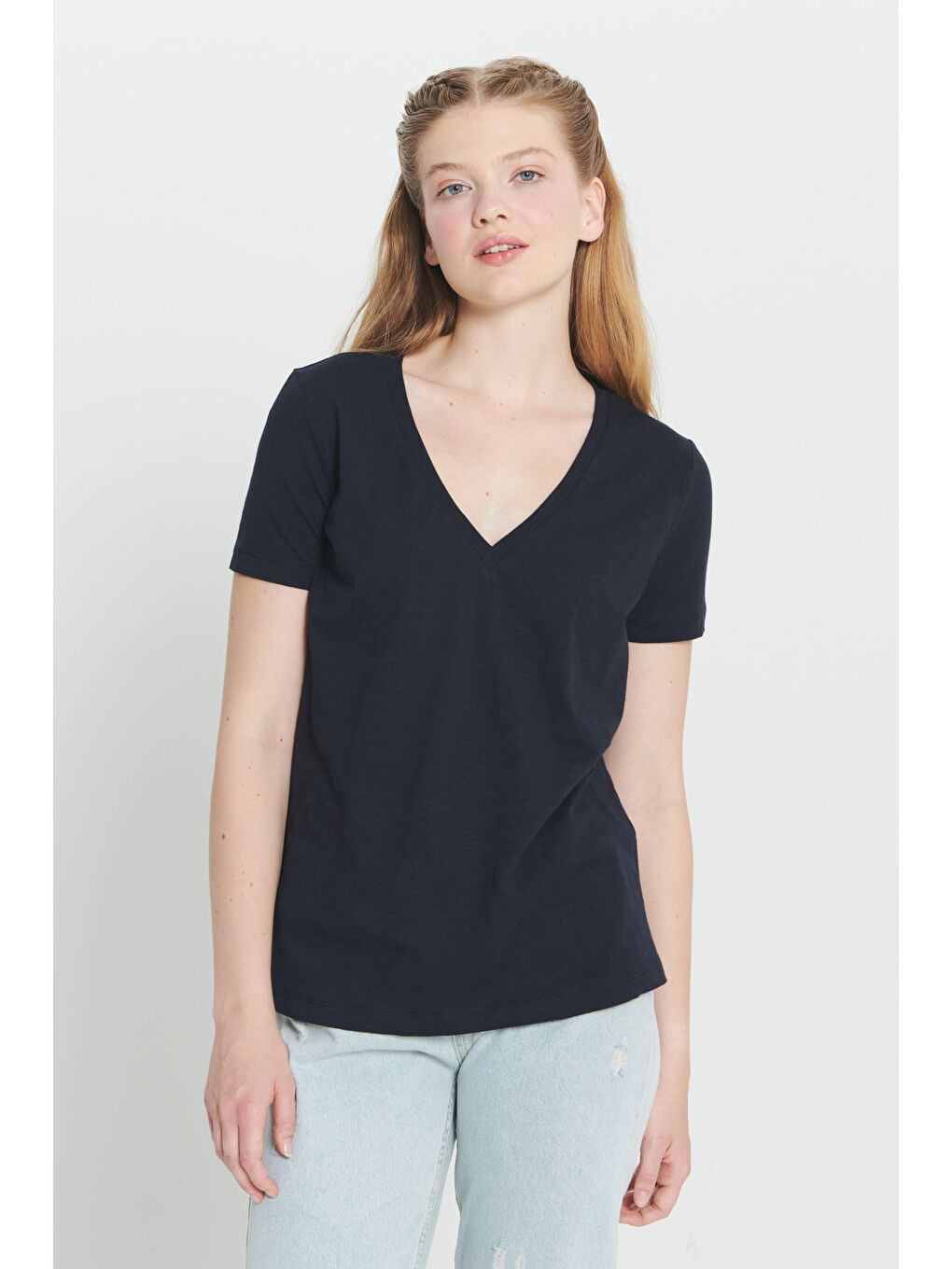 Lacivert %100 Pamuk Standart Fit Normal Kesim V Yaka Basic Tişört-2