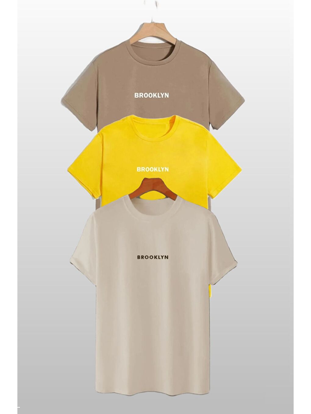 Kadın Brooklyn Baskılı 3lü Paket Vizon Sarı Bej T Shirt
