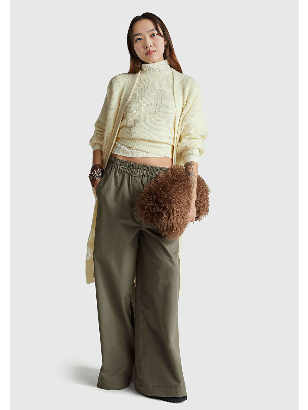 Ekru Kadın Krem Akrilik ve Yün Karışımlı Desenli Yarım Kol Kazak-4