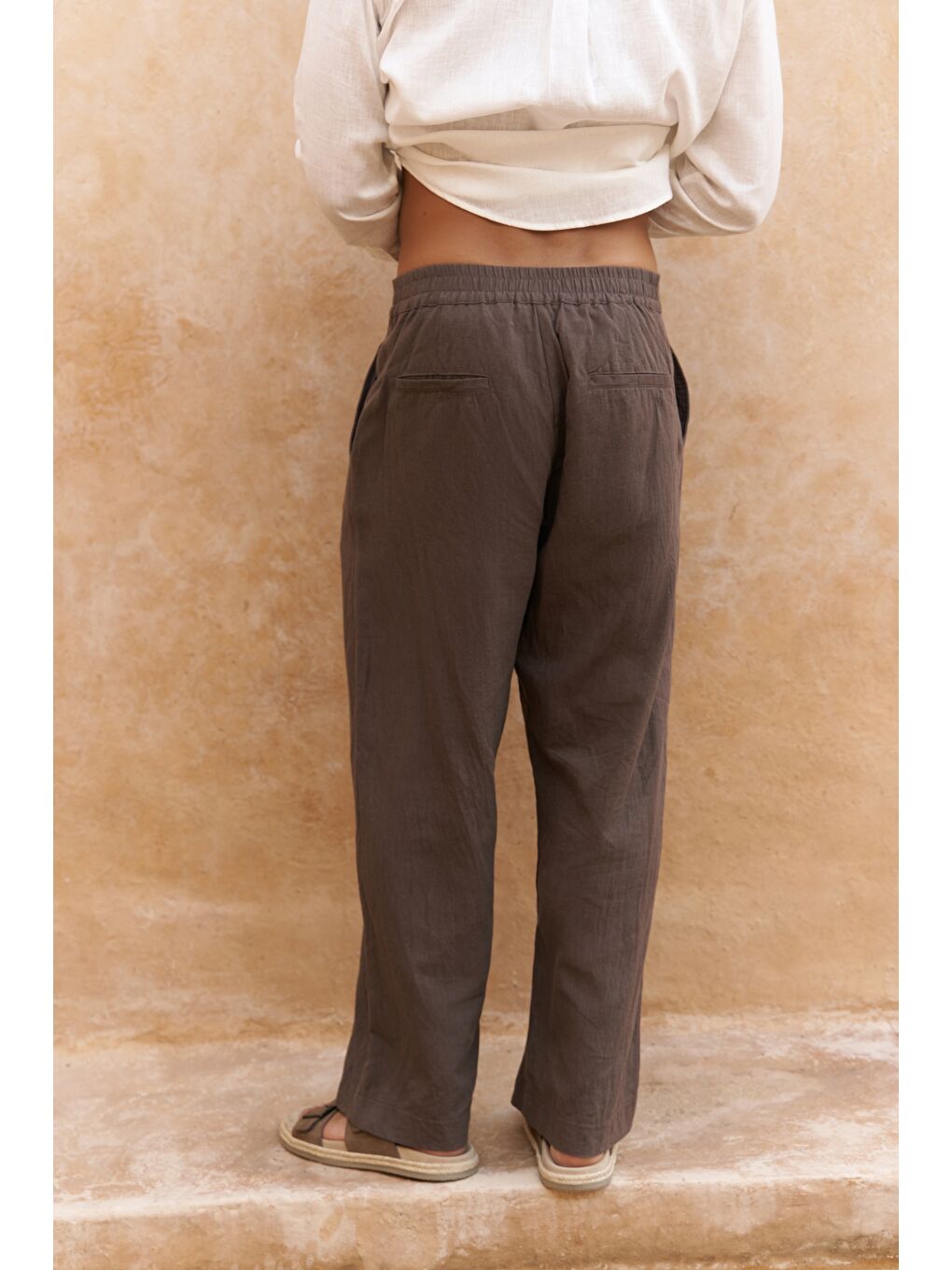 Kahverengi Fyfaha Bol Paça Erkek Kahve Keten Pantolon-1