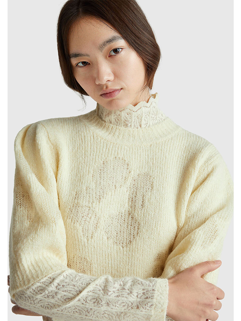 Ekru Kadın Krem Akrilik ve Yün Karışımlı Desenli Yarım Kol Kazak-5