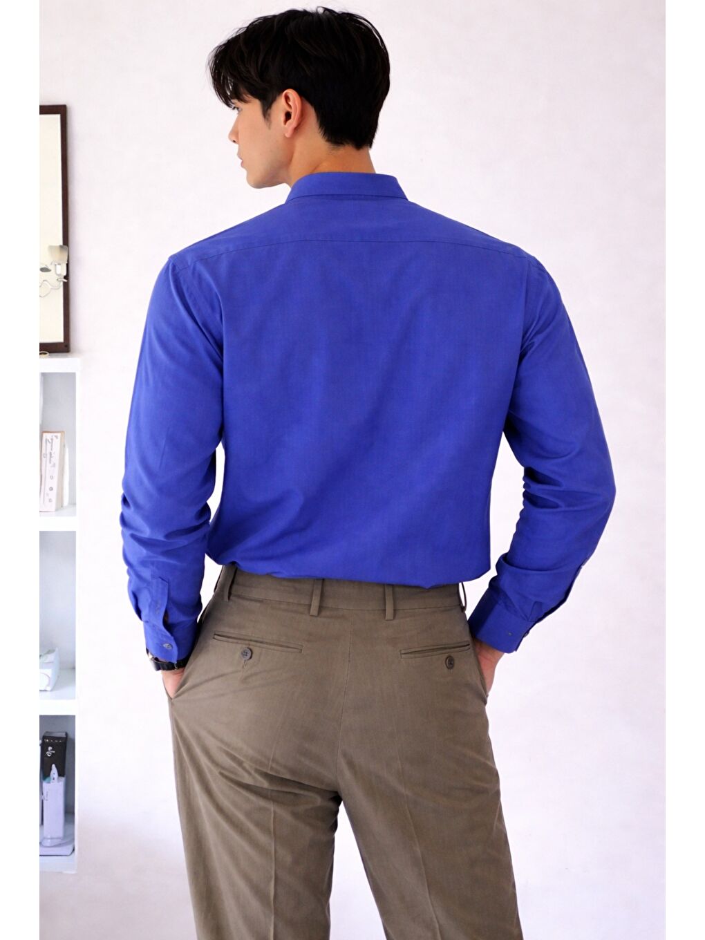 Mavi Keten Karışımlı 3 Düğmeli Hakim Yaka Erkek Gömlek Slim Kesim Yazlık-1