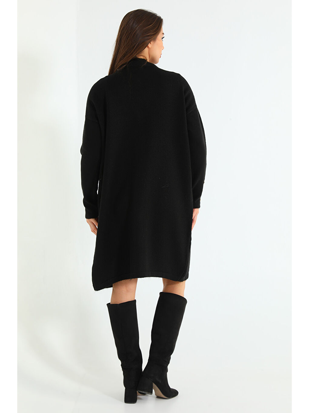 Siyah Kadın Ön Düğmeli Salaş Triko Hırka-7