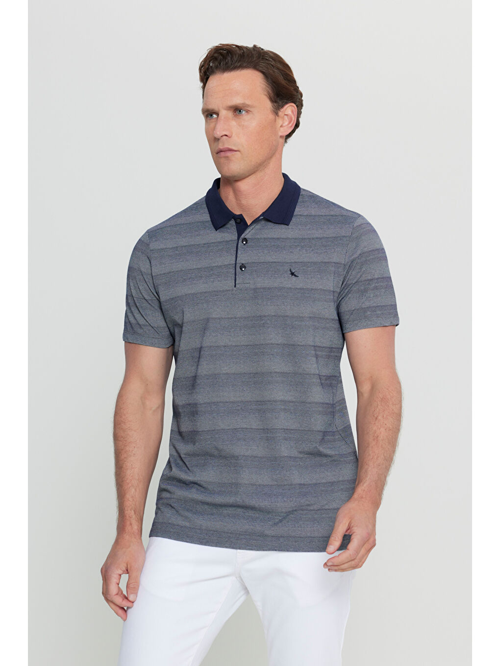 Erkek Lacivert Pamuklu Slim Fit Dar Kesim Polo Yaka Jakarlı Tişört-2