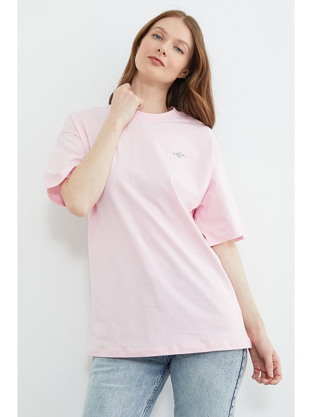 Pembe Metal Aksesuarlı Bisiklet Yaka Salaş Tişört-3