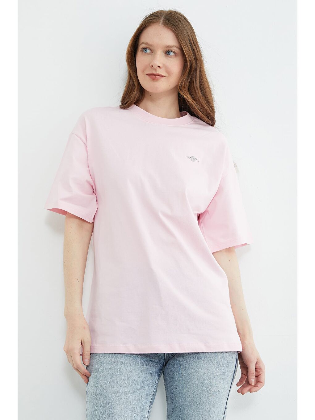 Pembe Metal Aksesuarlı Bisiklet Yaka Salaş Tişört-4