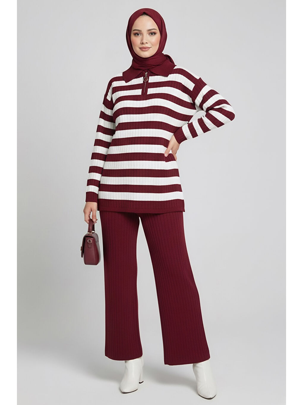 Çizgili Triko İkili Takım Bordo - 27999-BORDO-1