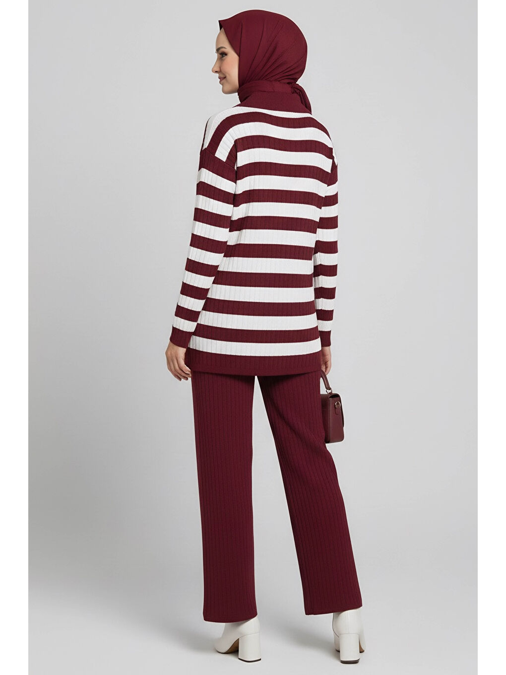 Çizgili Triko İkili Takım Bordo - 27999-BORDO-2
