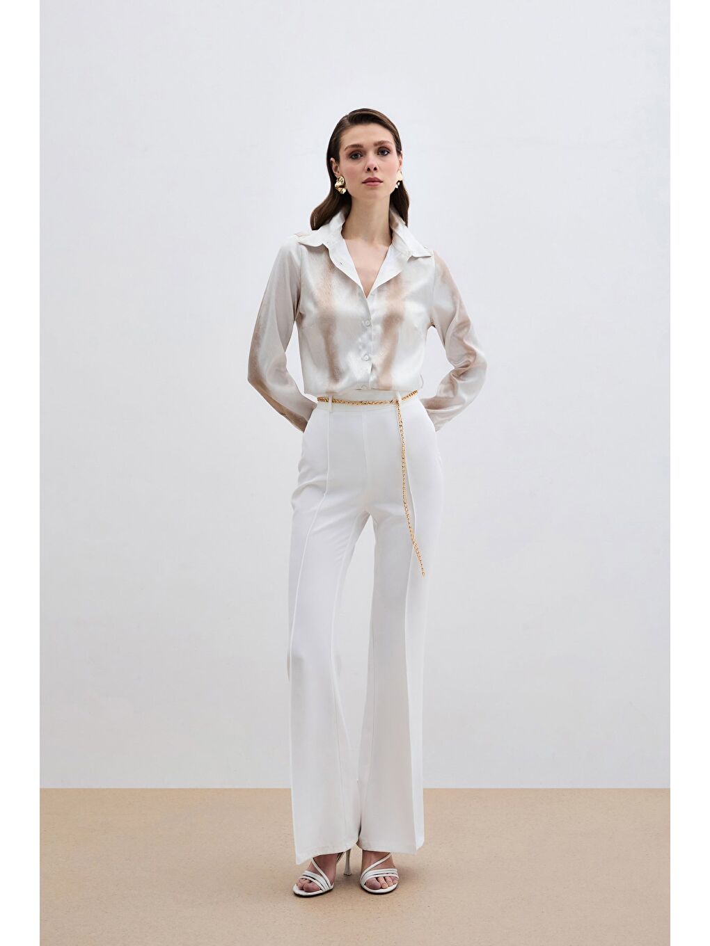 Desenli Klasik Gömlek - Bej-1