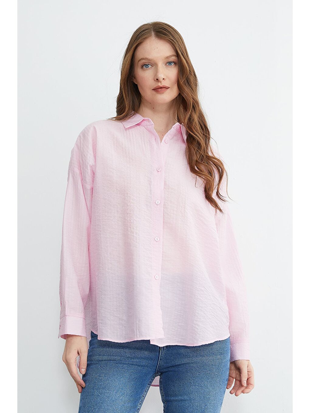 Pembe Basic Düğmeli Krinkıl Gömlek-1