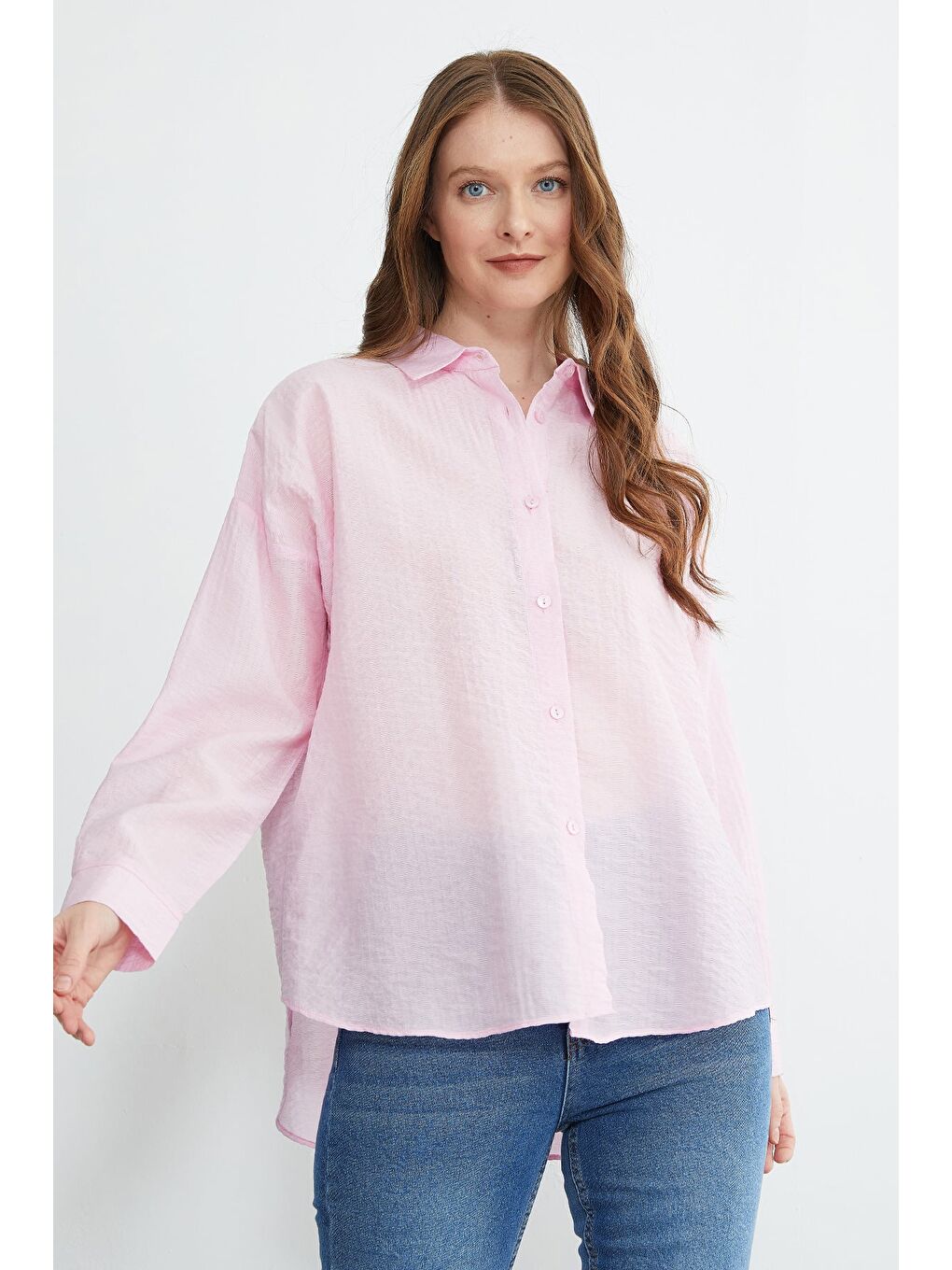 Pembe Basic Düğmeli Krinkıl Gömlek-2